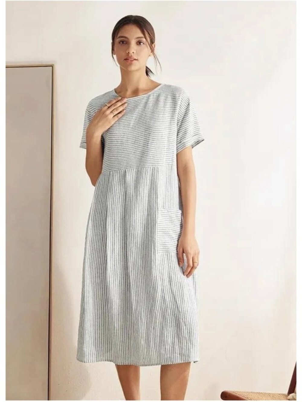 Lintico L 100% Linen Midi Dress Morgan White Blue Pinstripes Lagenlook Striped